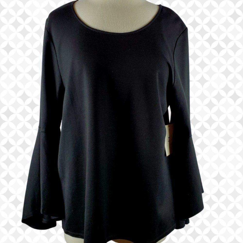 H by Halston Black Top/Blouse With Asymmetrical Bell Sleeves | NWT - Sz XL